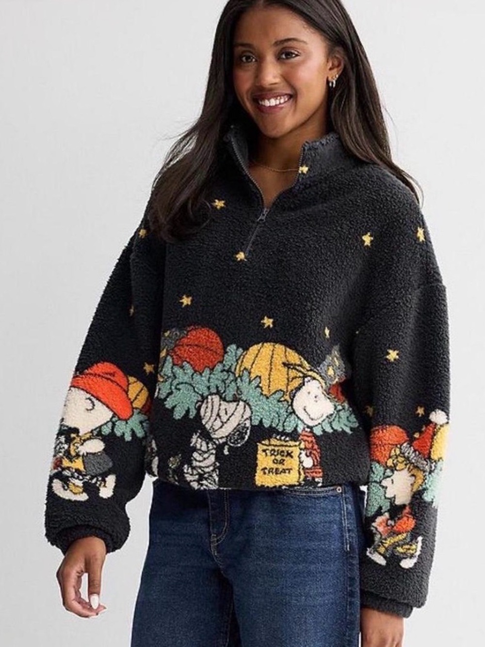 Peanuts Black Sherpa Quarter-Zip Halloween Pullover with Orange & Yellow Accents